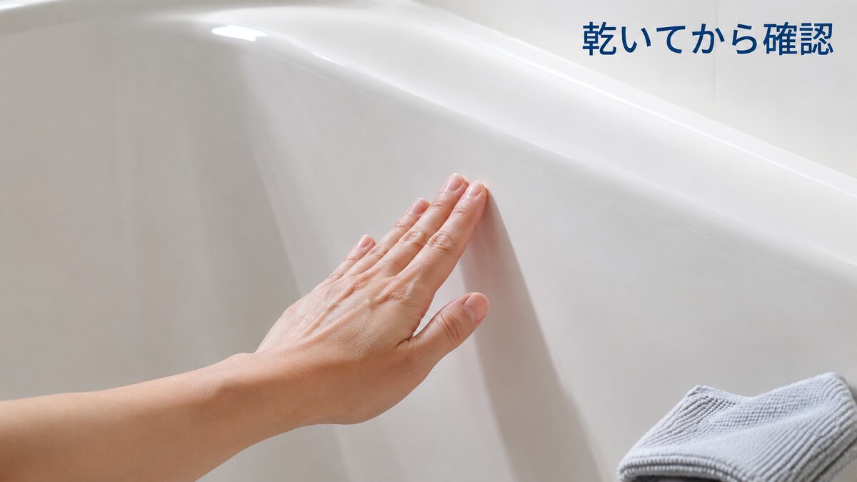 掃除後に乾いた浴槽の手触りと艶を確認している様子