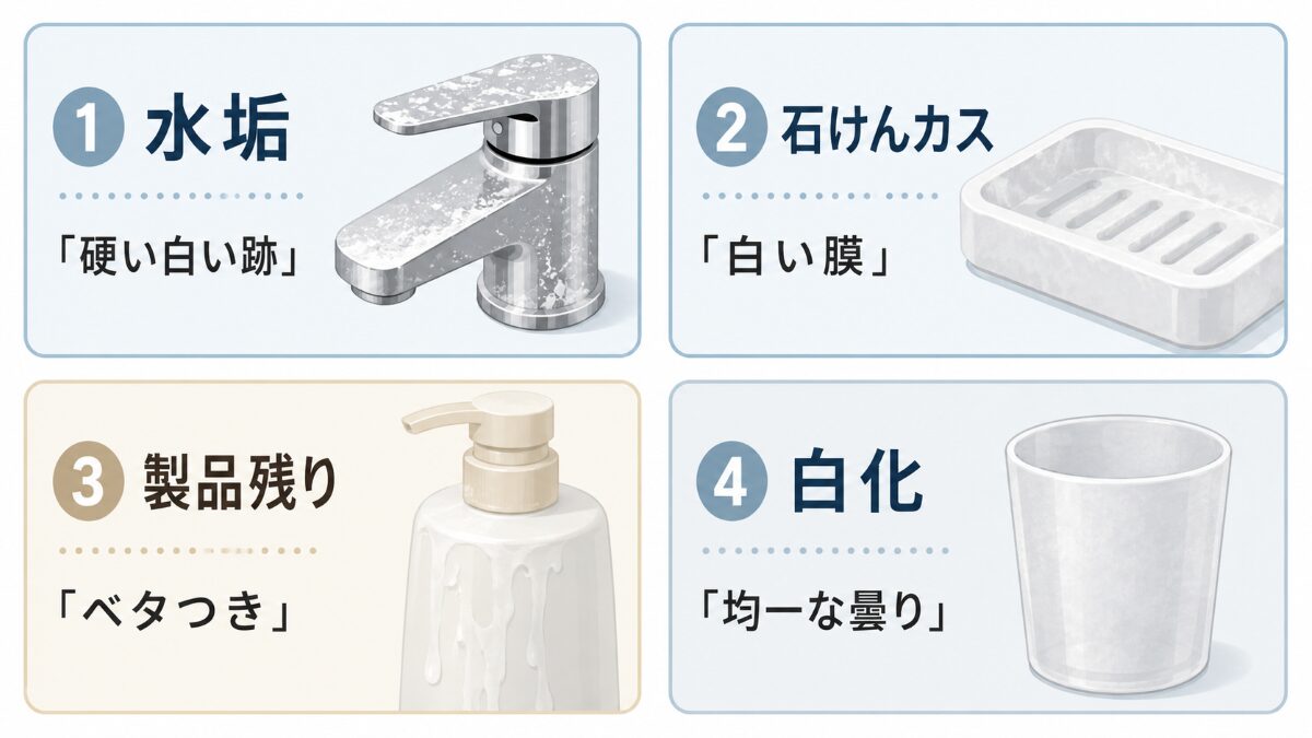 浴室小物の水垢と石けんカスと製品残りと白化の違い