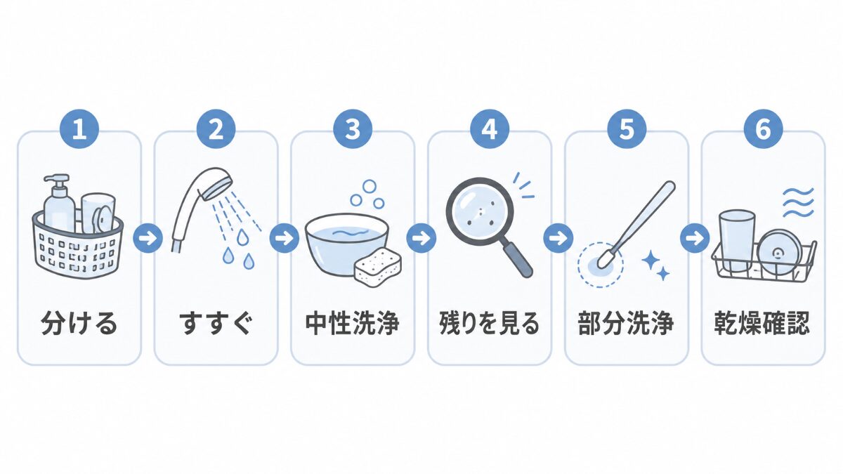 浴室小物の水垢を中性洗剤から段階的に落とす手順