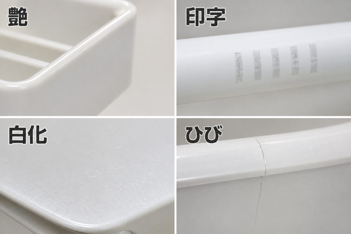 浴室小物を掃除した後に確認する艶と印字と白化とひび