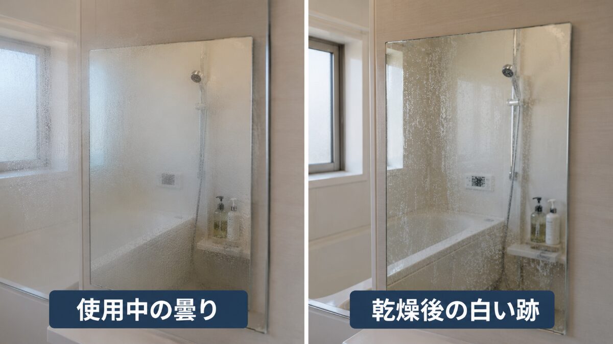 浴室鏡の使用中の曇りと乾燥後に残る白いウロコの違い
