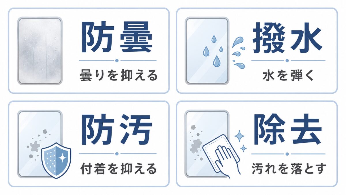 浴室鏡の防曇コーティングと撥水・防汚・汚れ除去の違い
