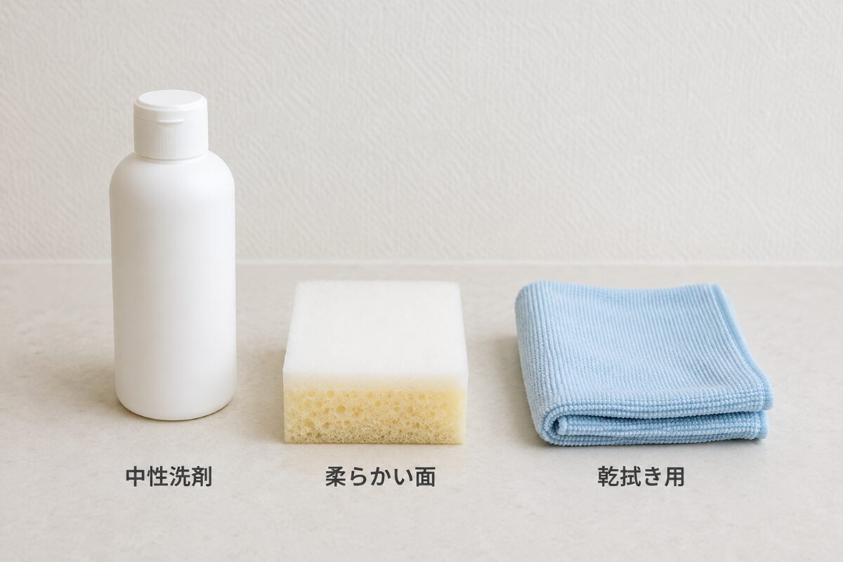 浴槽のざらつき掃除に使う中性洗剤と柔らかいスポンジとクロス