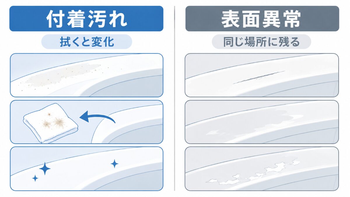 浴槽の付着汚れと表面の傷みを見分ける比較図