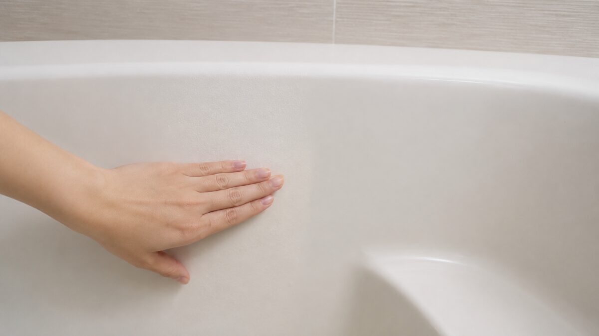 浴槽の側面を触ってざらつきの範囲を確認している様子