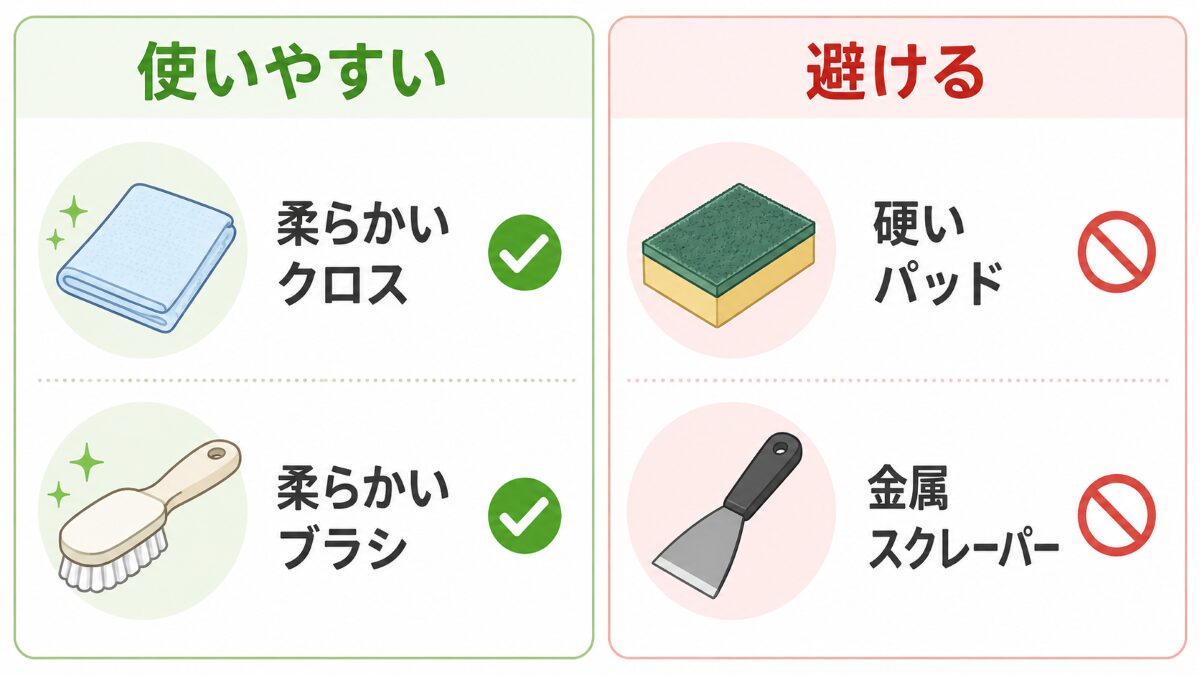 キッチン蛇口の水垢掃除で使いやすい柔らかい道具と避けたい硬い道具の比較図