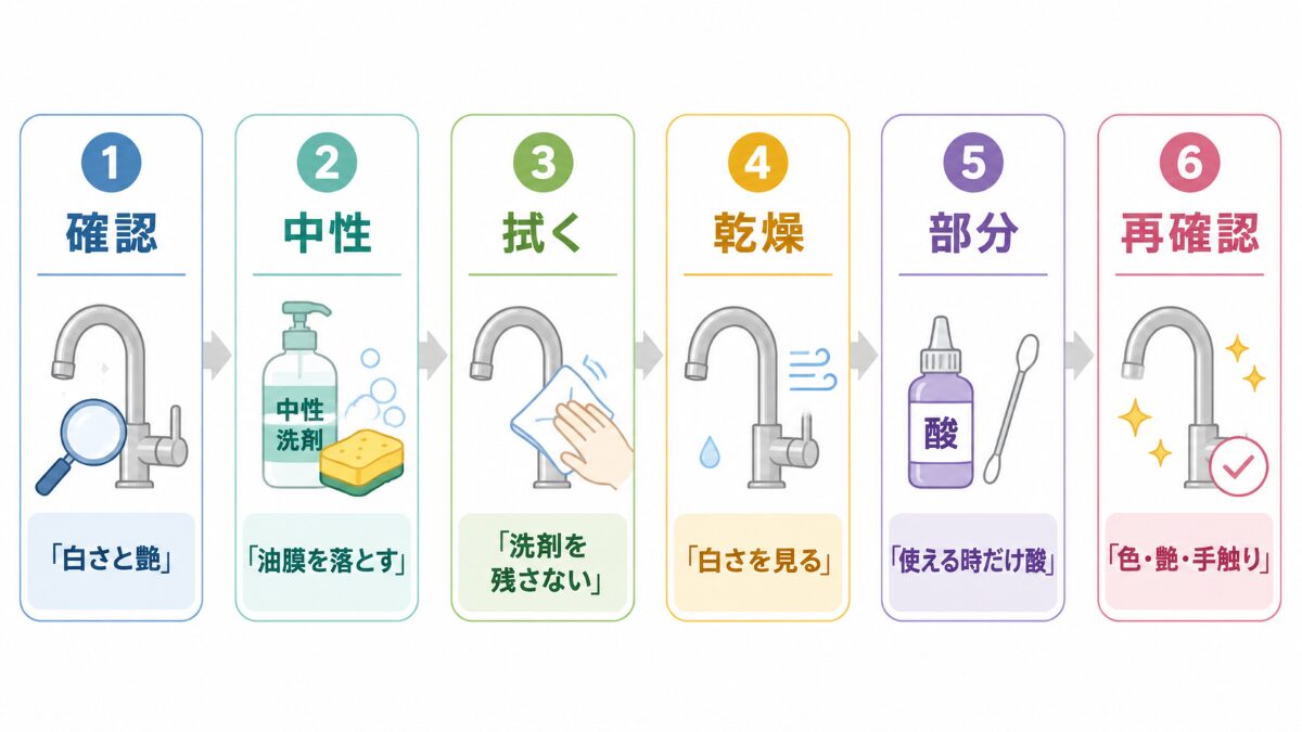 キッチン蛇口の水垢掃除を確認・中性洗剤・乾燥・部分対応・再確認の順で進める図