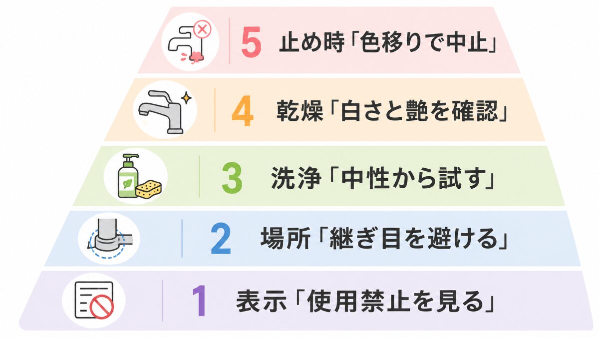 キッチン蛇口の水垢掃除を表示・場所・弱い洗浄・乾燥・止め時の順で確認する優先順位図