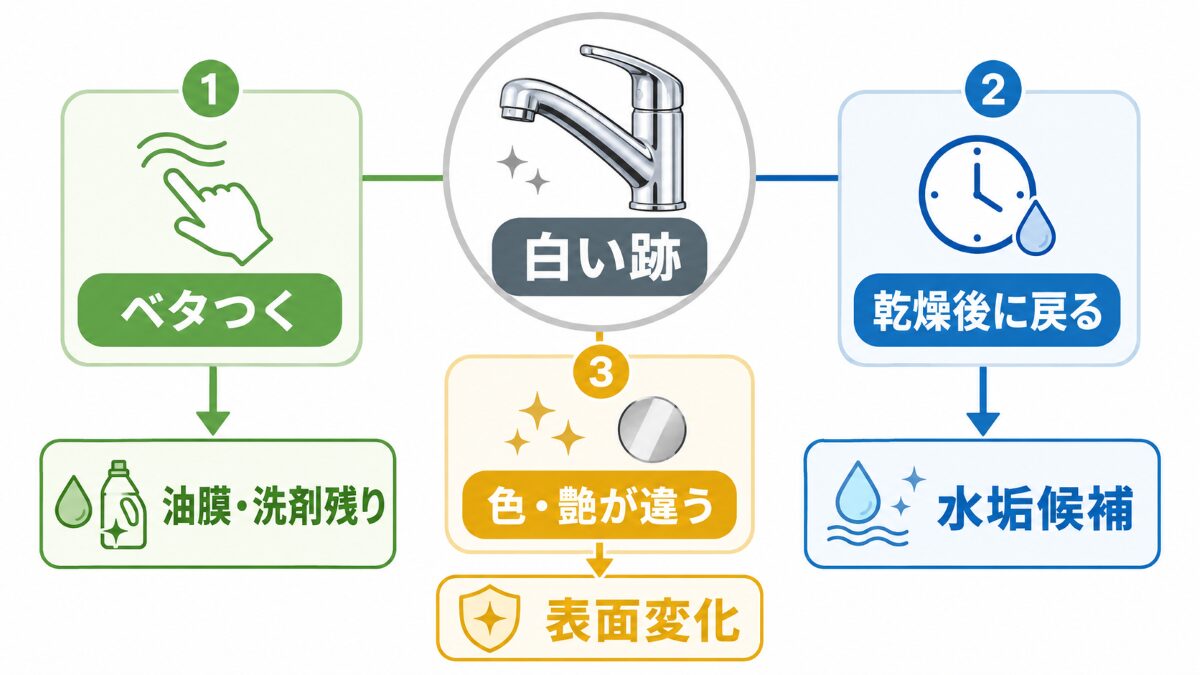 キッチン蛇口の白い跡を油膜・水垢候補・表面変化に分ける判断図