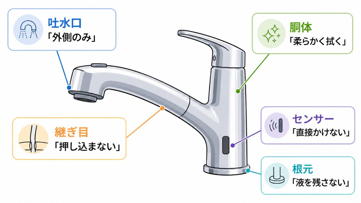 キッチン蛇口の胴体・吐水口・根元・継ぎ目・センサーの掃除範囲図