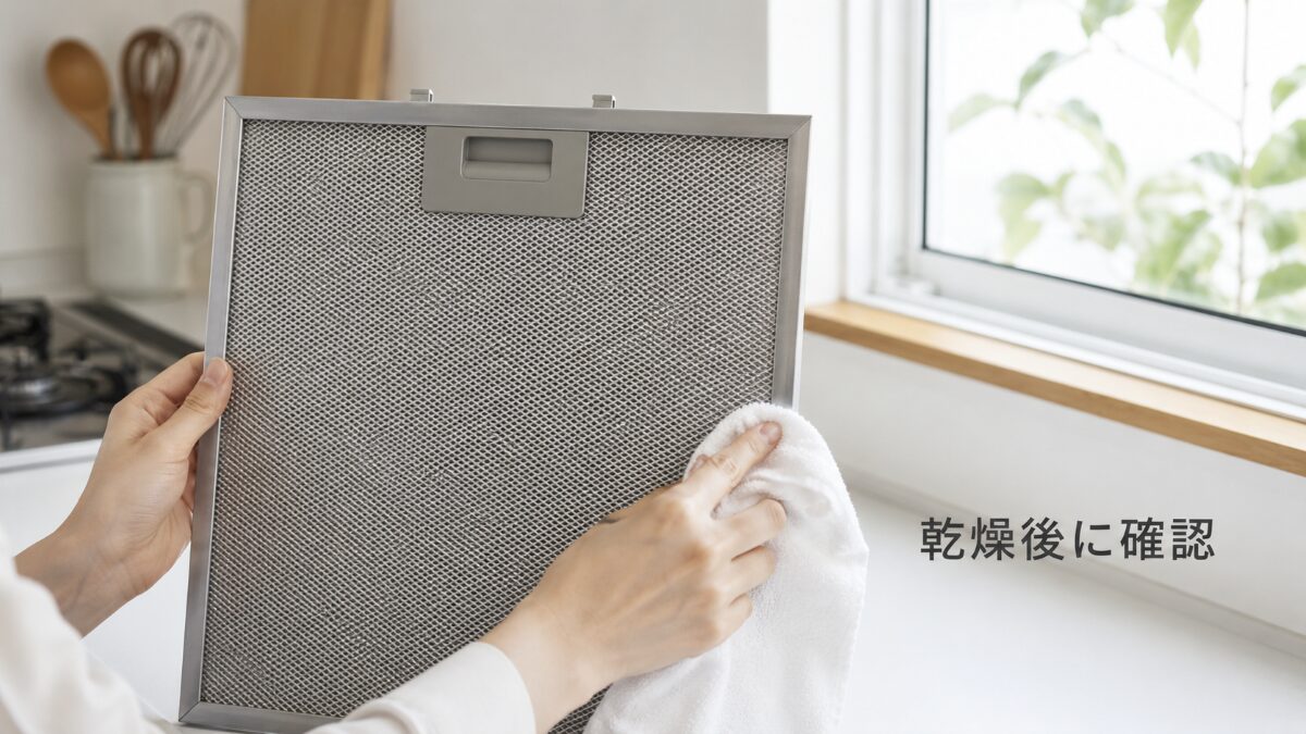 乾燥した換気扇フィルターの色と艶を確認する様子