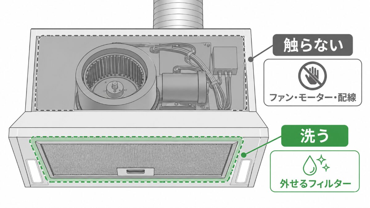 換気扇フィルターの洗える範囲と触らない内部を示す図