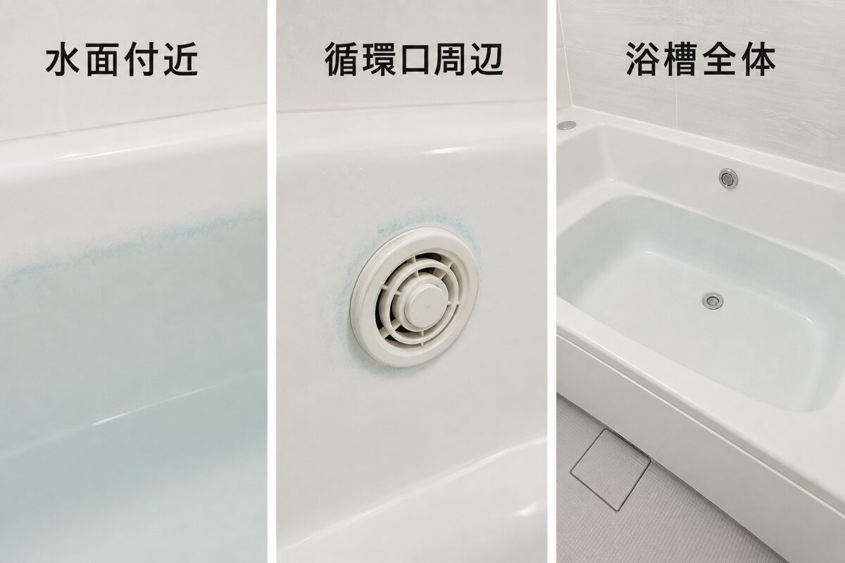 浴槽の青い汚れを確認する水面付近と循環口周辺と浴槽全体