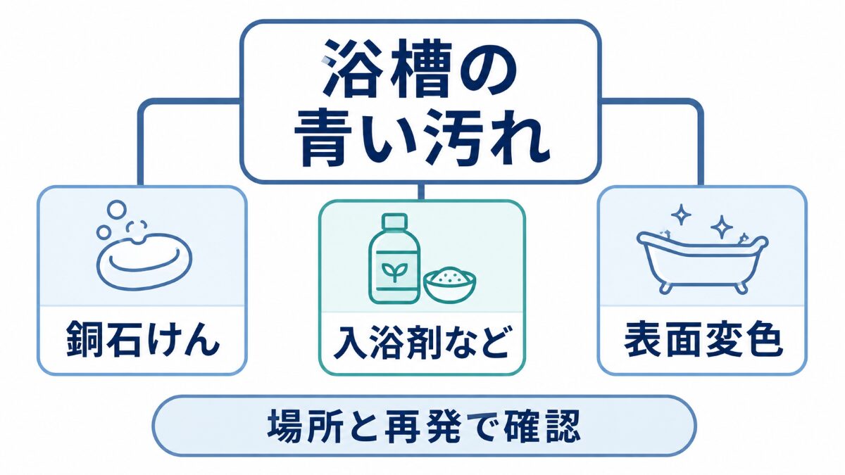 浴槽の青い汚れを銅石けんと入浴剤などの着色と表面変色に分ける原因図